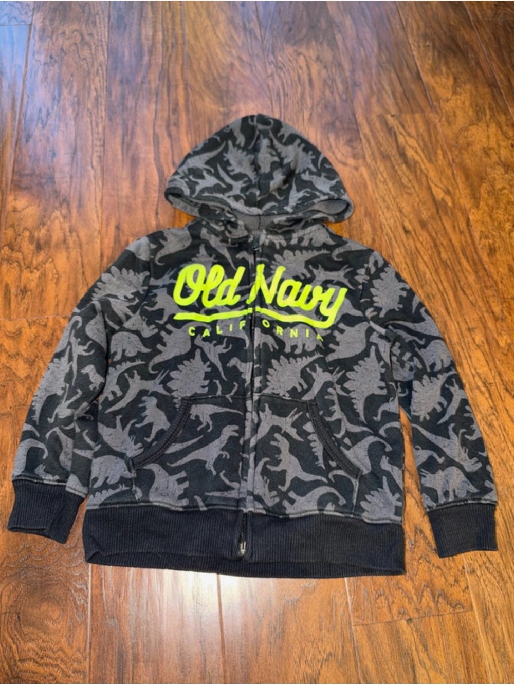 Old Navy Black & Gray Dino Print Zip Hoodie with Neon Yellow Logo